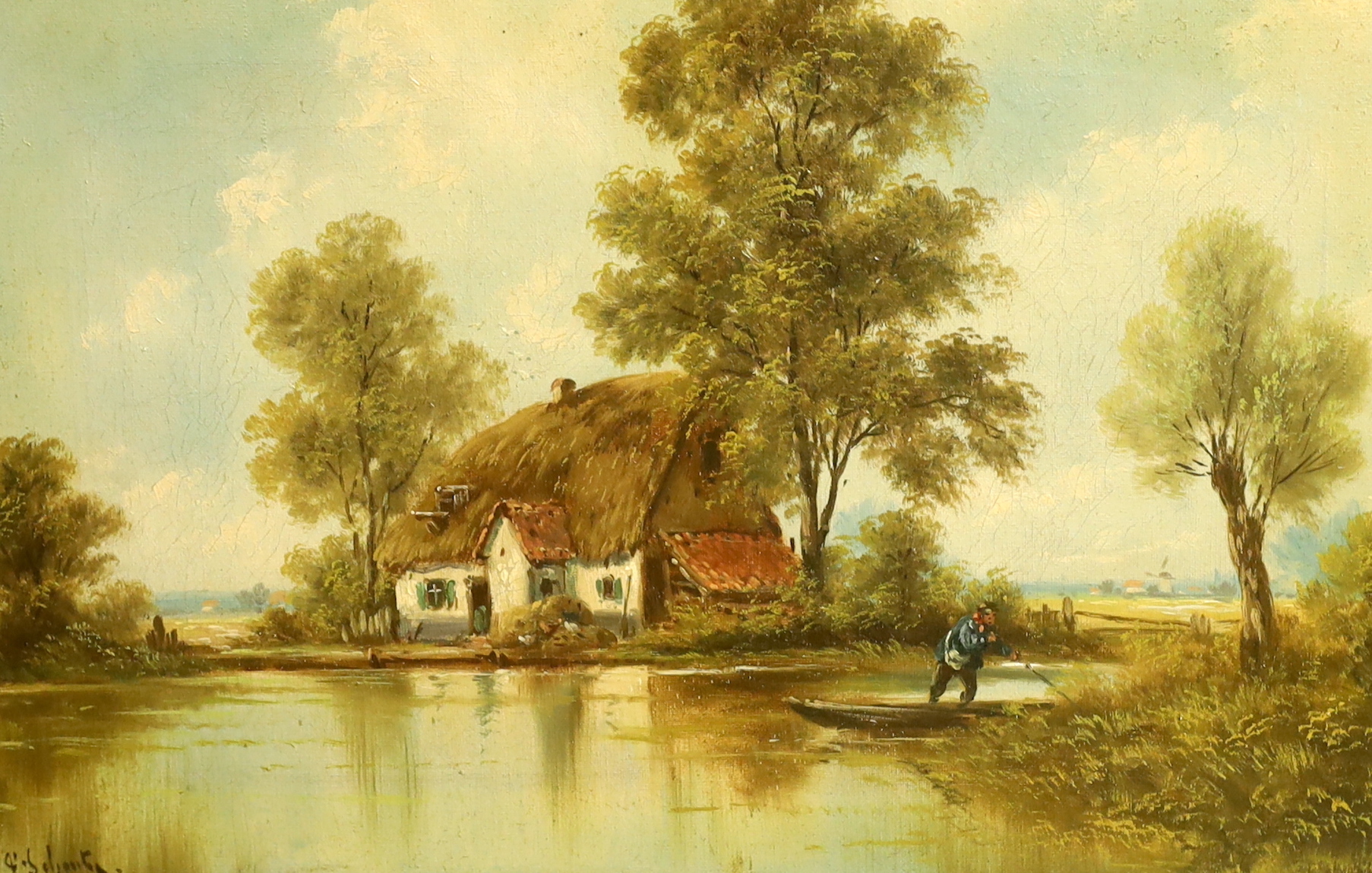 Gerrit Jan Schouten (Belgian, 1815-1878) oil on canvas, River landscape with thatched cottage, signed, 39 x 59cm